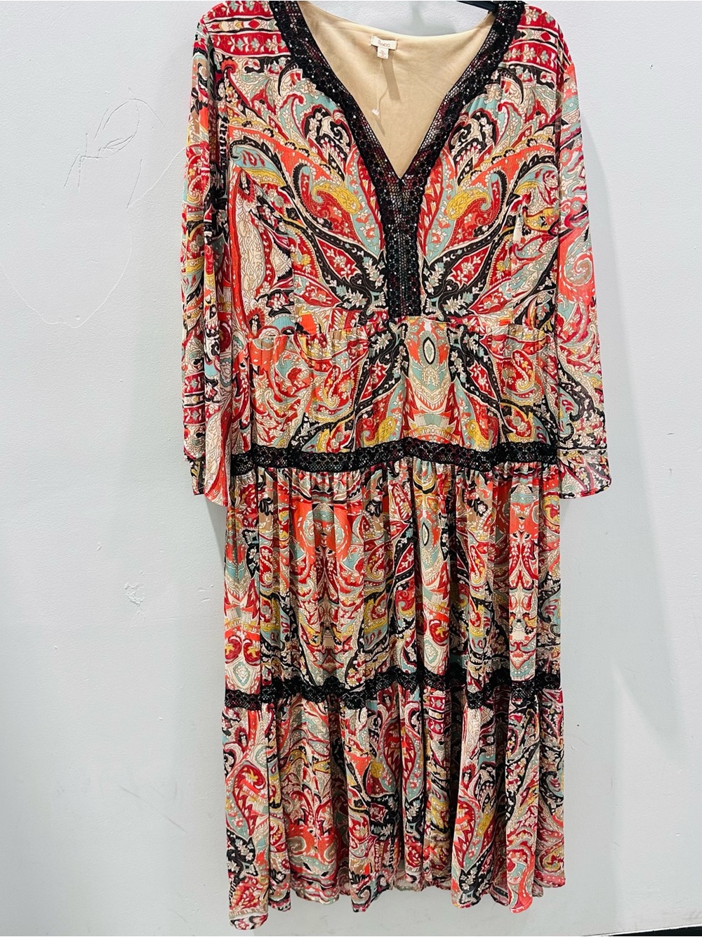 Reba Coral Paisley Long Sleeve Maxi Dress with Black Trim